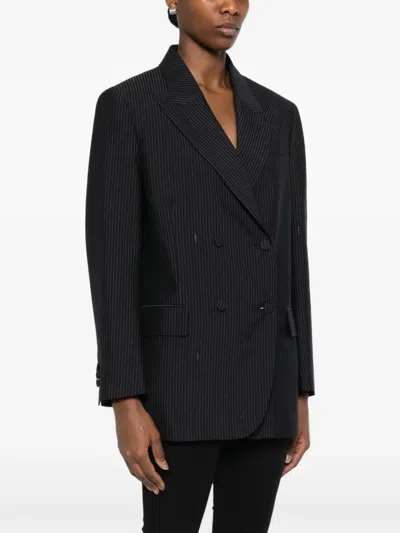 Fendi Women Blue Double-breasted Jacket With Peak Revers And Pinstripe Motif In Wool Blend Woman In Black