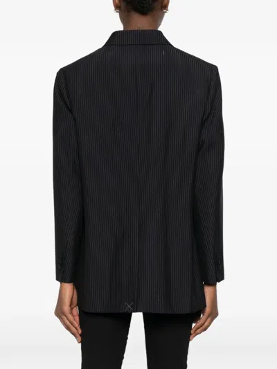 Fendi Women Blue Double-breasted Jacket With Peak Revers And Pinstripe Motif In Wool Blend Woman In Black