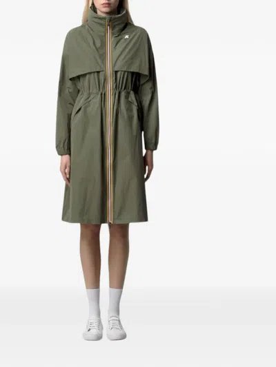 K-way Aube Memory Touch Drawstring Panelled Coat In Green