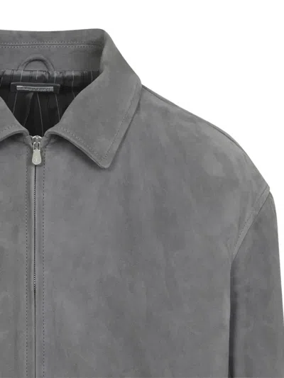 Brunello Cucinelli Suede Jacket Collared Design Elasticated Hem Pockets In Gray