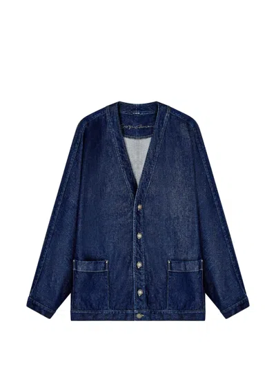 Giorgio Armani Indigo Denim V-neck Metallic Button Jacket In Blue