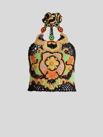 Etro Cotton Crop Top With Crochet-effect Floral Pattern In Multi
