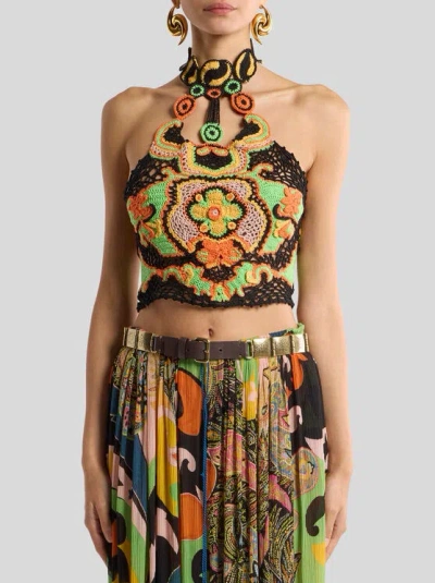Etro Cotton Crop Top With Crochet-effect Floral Pattern In Multi
