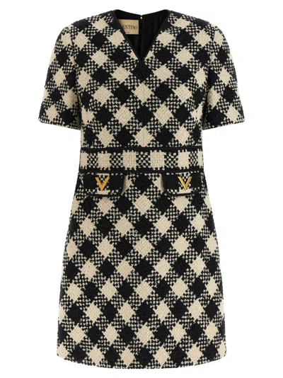 Valentino Womens Betulla Nero Diamond-check Textured Woven Mini Dress In Multi