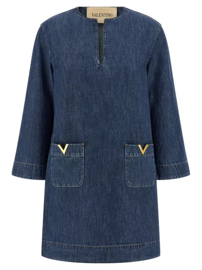 Valentino Vlogo Signature Denim Dress Three Quarter Sleeves In Blue