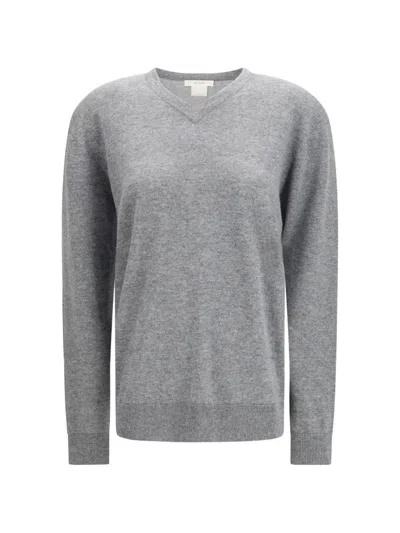 The Row Nian Long Sleeve Top Ribbed V Neckline In Gray