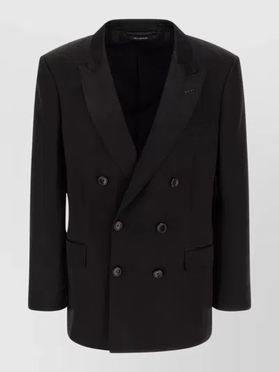 Tom Ford Satin Blazer Double Breasted Peak Lapels In Black