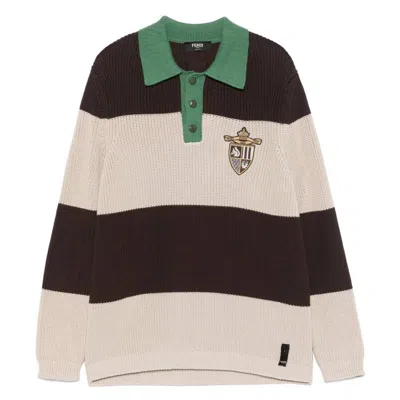 Fendi Knitted Cotton Polo Shirt With Brown And Beige Stripes In Multi