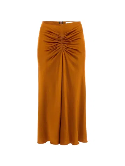 Victoria Beckham Gathered Waist Satin Midi Skirt In Brown