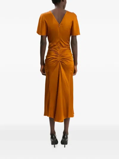 Victoria Beckham Gathered Waist Satin Midi Skirt In Brown