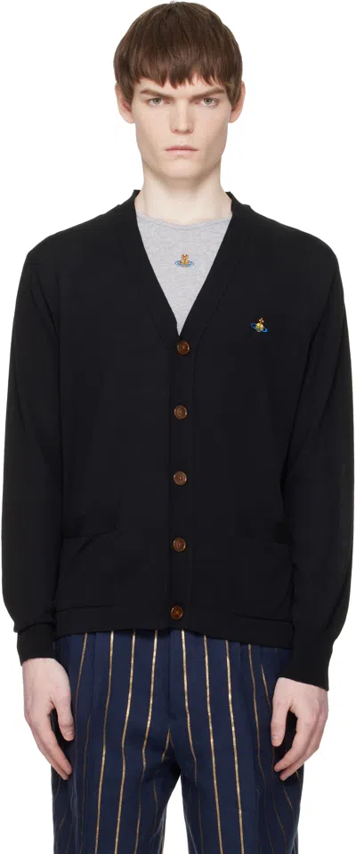 Vivienne Westwood Black V Neck Cardigan With Orb Embroidery In Cotton And Cashmere