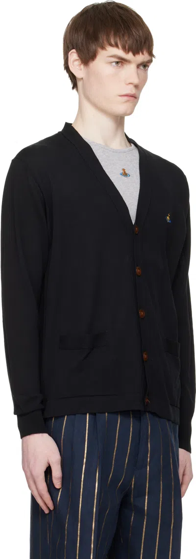 Vivienne Westwood Black V Neck Cardigan With Orb Embroidery In Cotton And Cashmere
