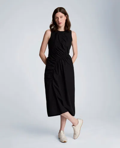 Kenneth Cole Asymmetric Ruched Cotton Blend Midi Dress In Black