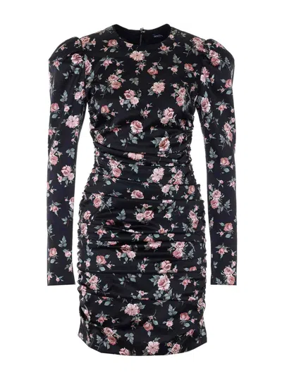 Dolce & Gabbana Black Dress With Floral Print And Side Draping In Silk Woman In Black