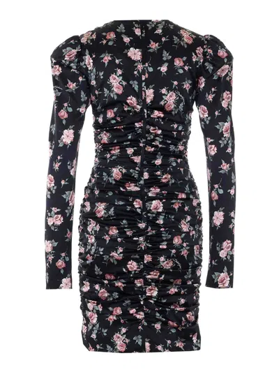 Dolce & Gabbana Black Dress With Floral Print And Side Draping In Silk Woman In Black