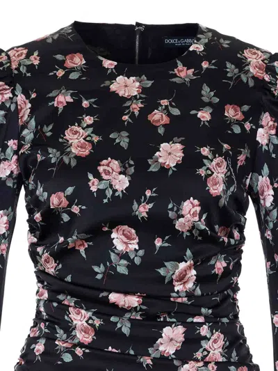 Dolce & Gabbana Black Dress With Floral Print And Side Draping In Silk Woman In Black