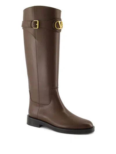 Valentino Leather Signature Vlogo Riding Boots 30 In Brown