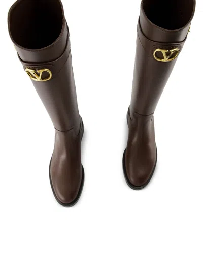 Valentino Leather Signature Vlogo Riding Boots 30 In Brown