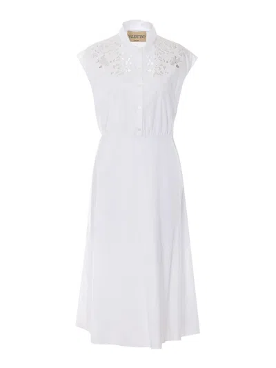 Valentino Broderie Anglaise-trimmed Cotton-poplin Midi Dress In White