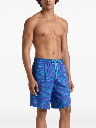 Vilebrequin Men Long Ultra-light And Packable Swim Shorts Sparkling Whales In Blue
