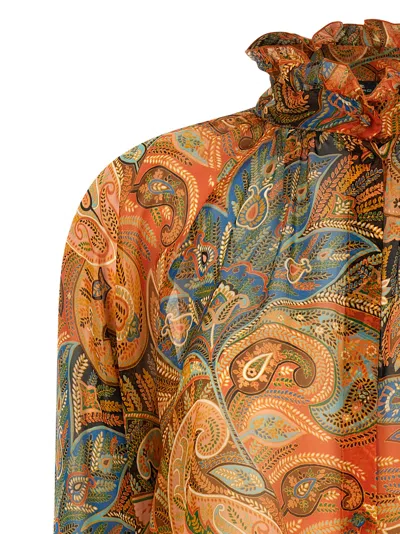 Etro Sheer Chiffon Shirt Paisley Ruffle Neckline In Multi