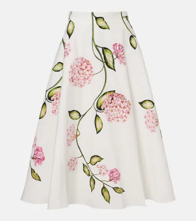 Oscar De La Renta Porcelain Flowers Stretch Cotton Poplin A-line Midi Skirt In White