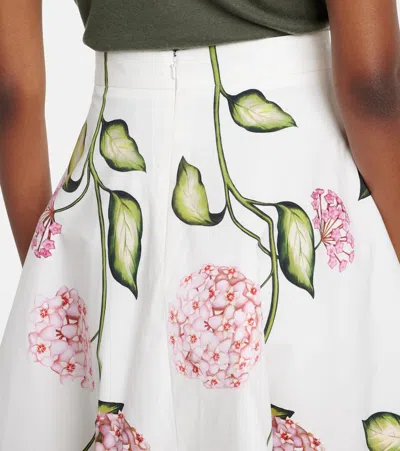 Oscar De La Renta Porcelain Flowers Stretch Cotton Poplin A-line Midi Skirt In White