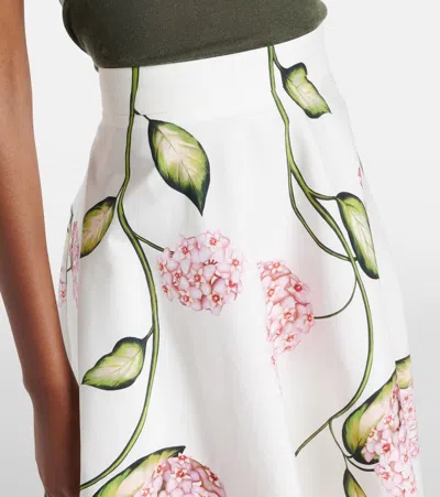 Oscar De La Renta Porcelain Flowers Stretch Cotton Poplin A-line Midi Skirt In White