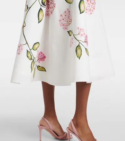 Oscar De La Renta Porcelain Flowers Stretch Cotton Poplin A-line Midi Skirt In White