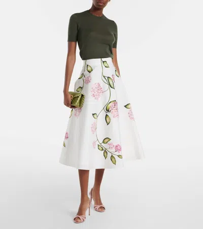 Oscar De La Renta Porcelain Flowers Stretch Cotton Poplin A-line Midi Skirt In White