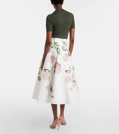 Oscar De La Renta Porcelain Flowers Stretch Cotton Poplin A-line Midi Skirt In White