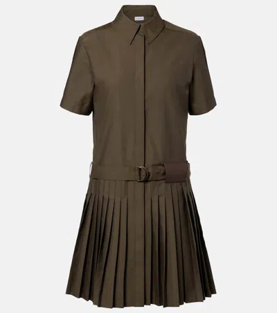 Loewe Womens Khaki Green Pleated Short-sleeve Cotton Blend Mini Dress