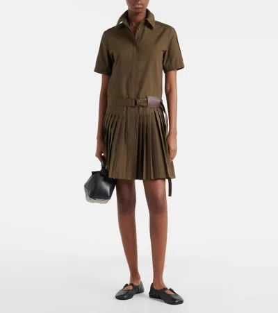 Loewe Womens Khaki Green Pleated Short-sleeve Cotton Blend Mini Dress