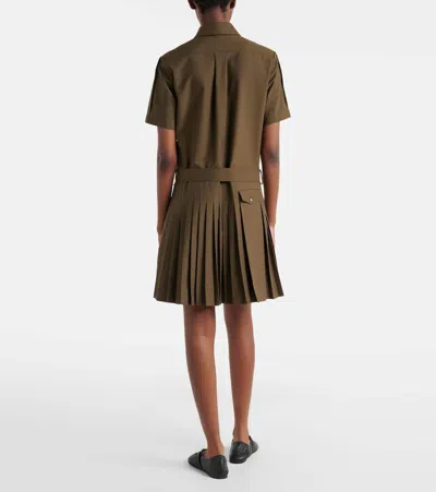 Loewe Womens Khaki Green Pleated Short-sleeve Cotton Blend Mini Dress