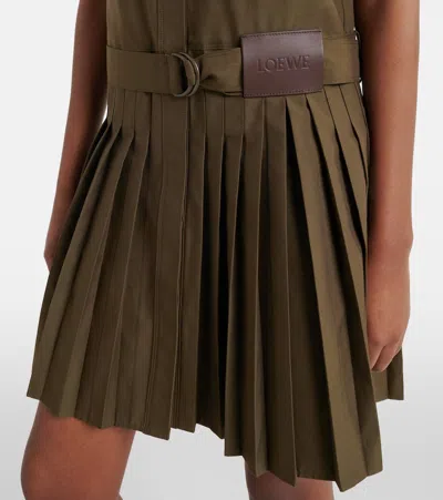 Loewe Womens Khaki Green Pleated Short-sleeve Cotton Blend Mini Dress