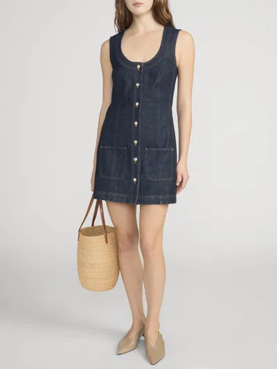 Frame Paneled Recycled Denim Mini Dress In Blue