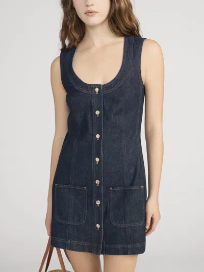 Frame Paneled Recycled Denim Mini Dress In Blue