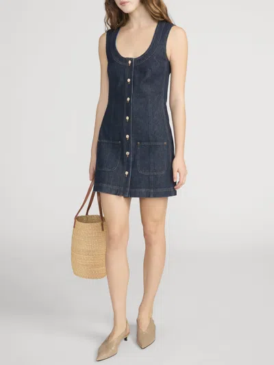 Frame Paneled Recycled Denim Mini Dress In Blue
