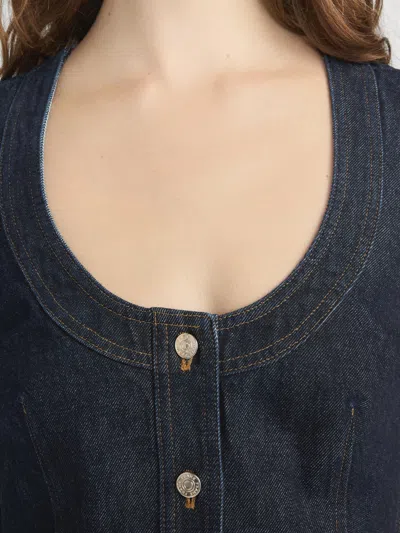 Frame Paneled Recycled Denim Mini Dress In Blue