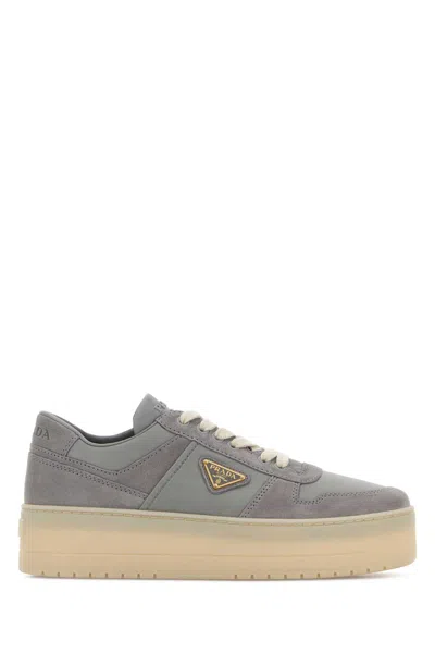Prada Grey Fabric And Suede Downtown Bold Sneakers In Gray