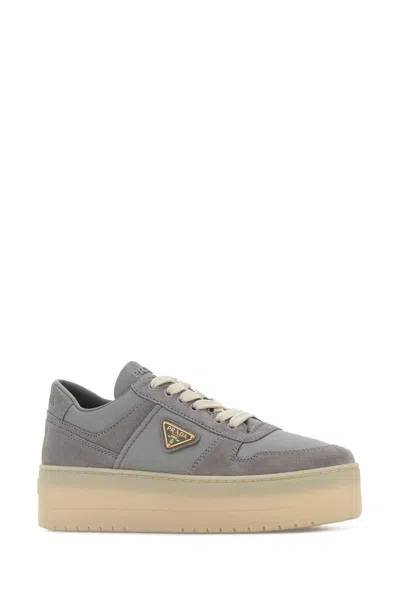 Prada Grey Fabric And Suede Downtown Bold Sneakers In Gray