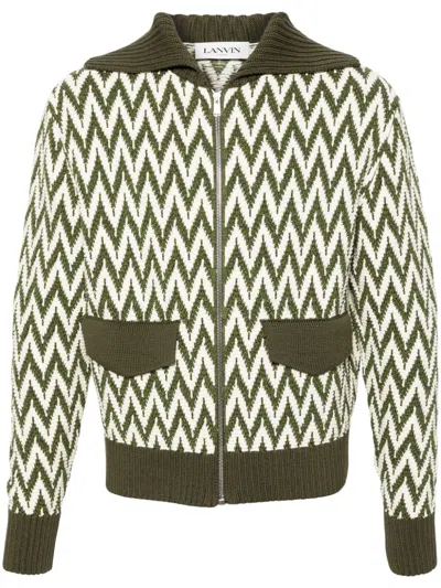 Lanvin Khaki And White Herringbone Pattern Cotton Sweater In Green