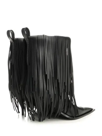 Balenciaga Avenue Fringe Ankle Boots Pointed Toe Pull Tab In Black