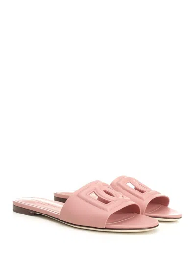 Dolce & Gabbana Women Pink Slide Sandals With Cut Out Logo In Leather Woman