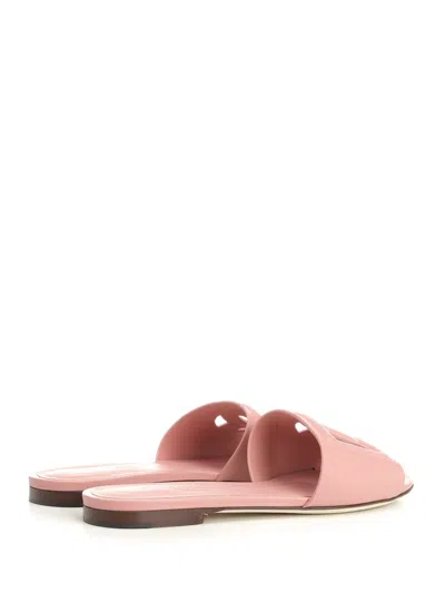 Dolce & Gabbana Women Pink Slide Sandals With Cut Out Logo In Leather Woman