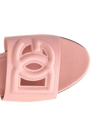 Dolce & Gabbana Women Pink Slide Sandals With Cut Out Logo In Leather Woman