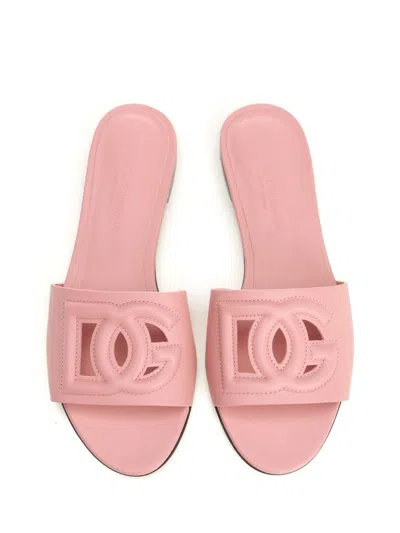Dolce & Gabbana Women Pink Slide Sandals With Cut Out Logo In Leather Woman