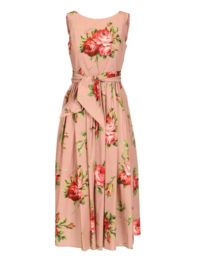 Dolce & Gabbana Abito Midi In Cotone Rosa Con Stampa Fiori Dolce E Gabbana In Pink
