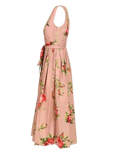 Dolce & Gabbana Abito Midi In Cotone Rosa Con Stampa Fiori Dolce E Gabbana In Pink