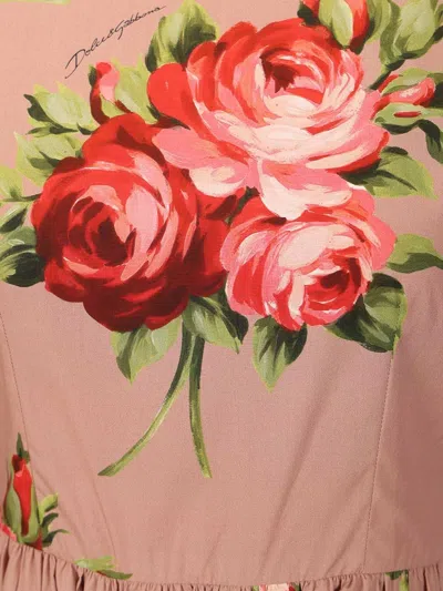 Dolce & Gabbana Abito Midi In Cotone Rosa Con Stampa Fiori Dolce E Gabbana In Pink